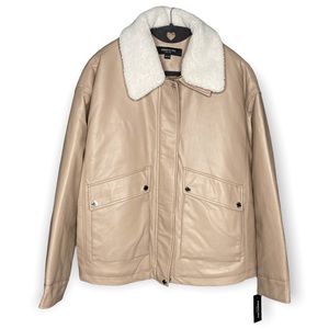 KENNETH COLE XL Faux Leather Faux Shearling Sherpa Bomber Jacket Sand Beige Tan